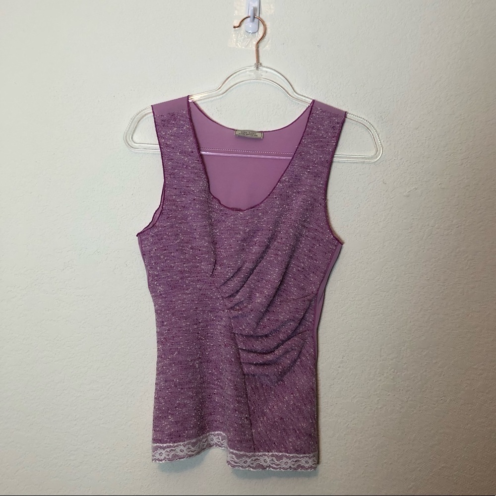 Nina Ricci Sleeveless Blouse Gathered Tweed & Silk Lace Trim 40 Purple